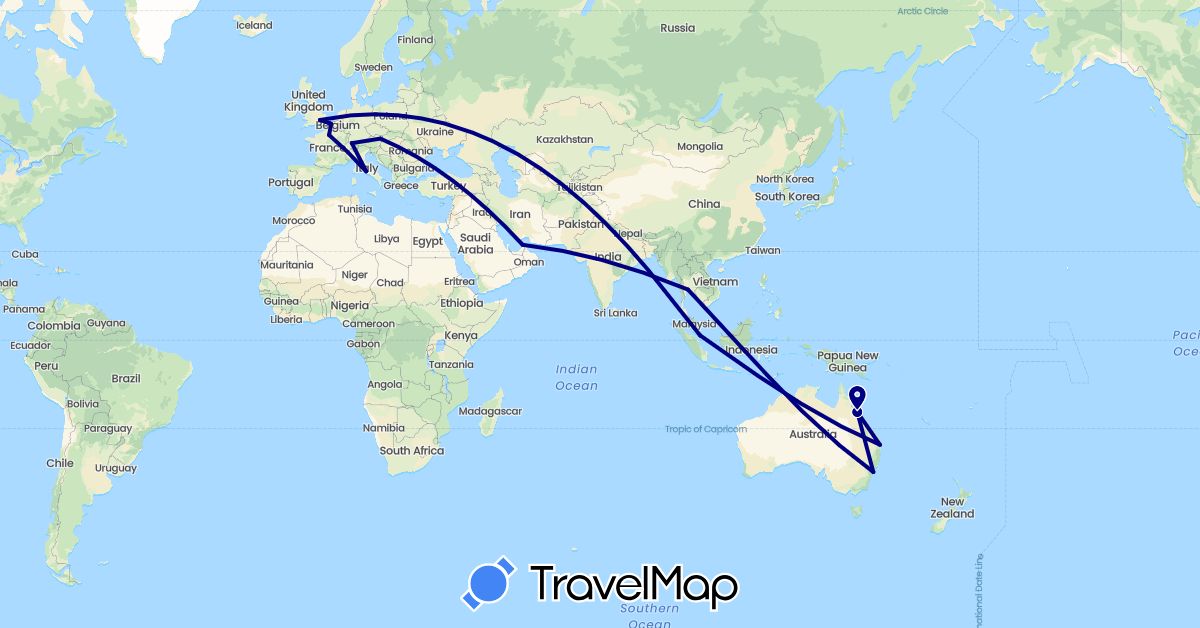 TravelMap itinerary: driving in United Arab Emirates, Austria, Australia, Belgium, Switzerland, France, United Kingdom, Italy, Singapore, Thailand (Asia, Europe, Oceania)